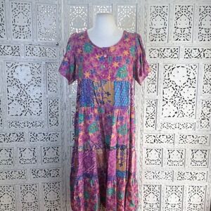 Vtg 80's Floral Patchwork Oversized Midi Dress Womens Medium Retro Lagenlook
